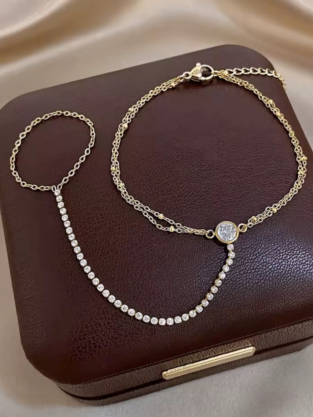 Gold Hand Chain Bracelet with Clear Crystal Connector